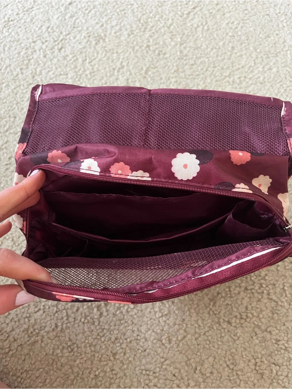 Floral Hanging Travel Toiletry Bag - Burgundy Pink